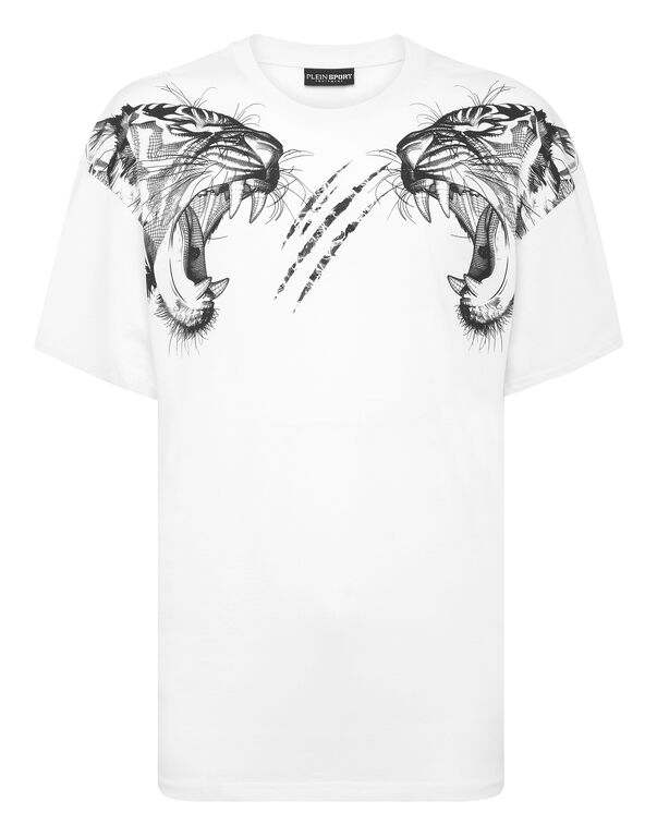 plein sport Cotton Round Neck T-Shirt Tiger Line white