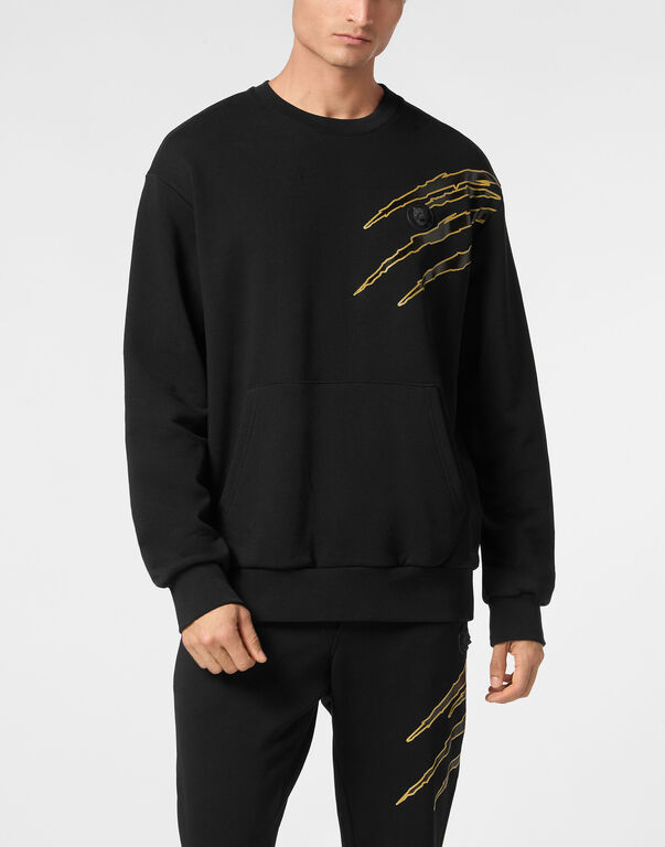 Plein Sport Cotton Sweatshirt Round Neck LS Lamina Scratch Black/light Gold