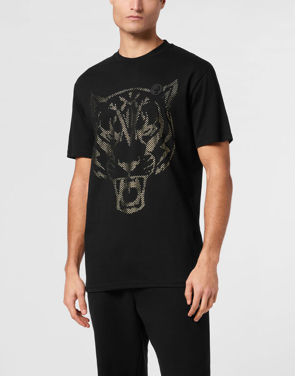 Plein Sport Cotton T-shirt Round Neck SS Lamina Tiger Black/light Gold