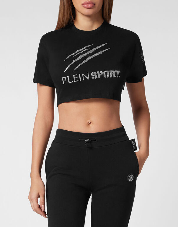 Plein Sport Cropped T-shirt Round Neck Scratch Black