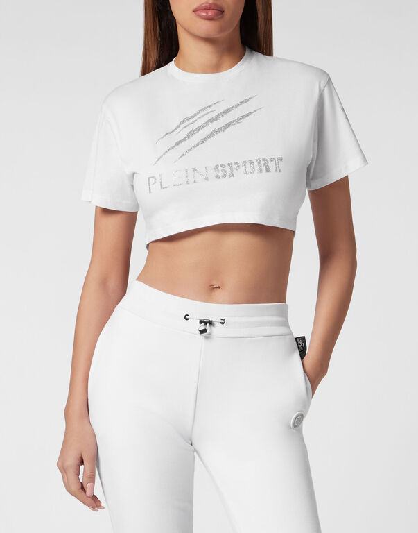 Plein Sport Cropped T-shirt Round Neck Scratch White