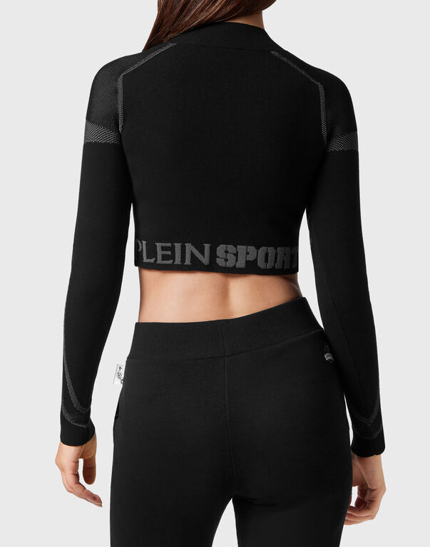 Plein Sport Knit Jacquard Cropped Top LS Black