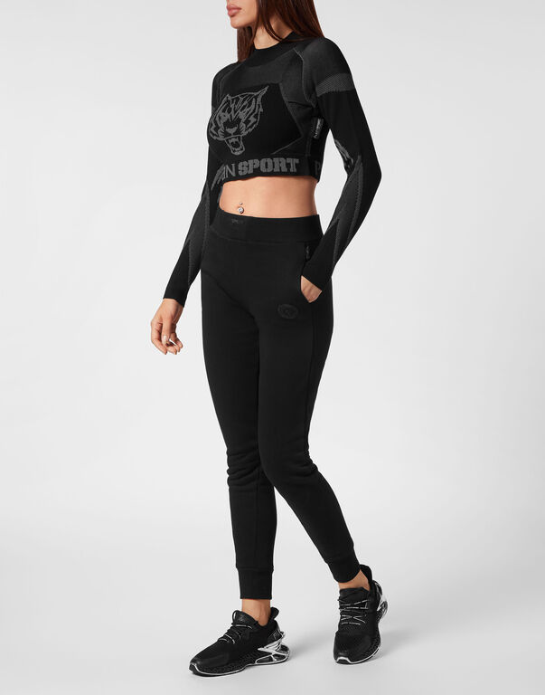Plein Sport Knit Jacquard Cropped Top LS Black