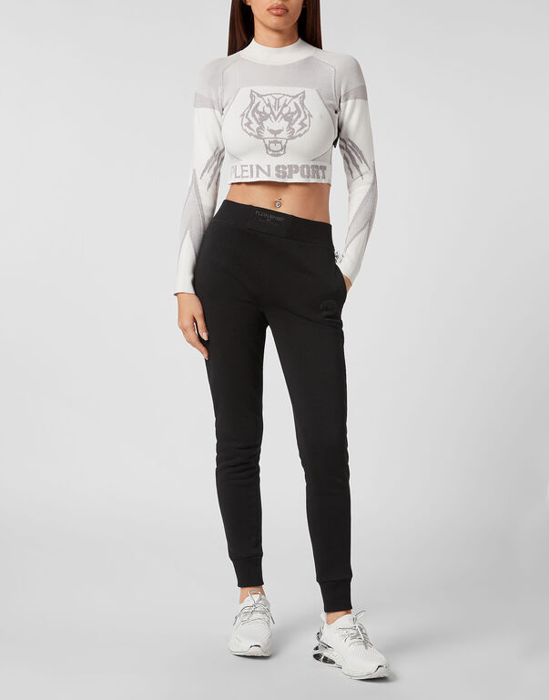 Plein Sport Knit Jacquard Cropped Top LS White