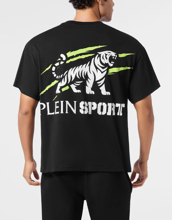 Plein Sport Round Neck T-Shirt Tiger Scratch Black+green Fluo
