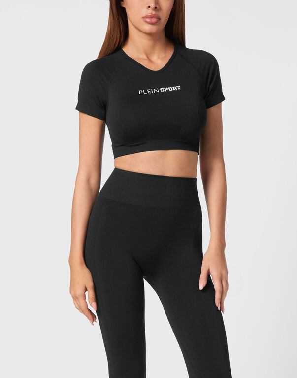Plein Sport Seamless Cropped T-shirt V-Neck SS Logo Black