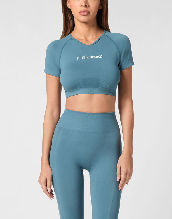 Plein Sport Seamless Cropped T-shirt V-Neck SS Logo Petrol