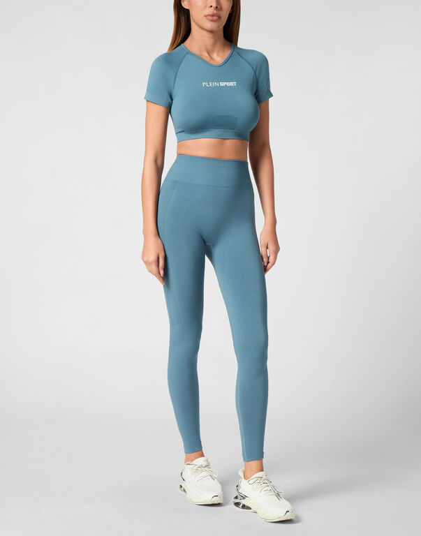 Plein Sport Seamless Cropped T-shirt V-Neck SS Logo Petrol