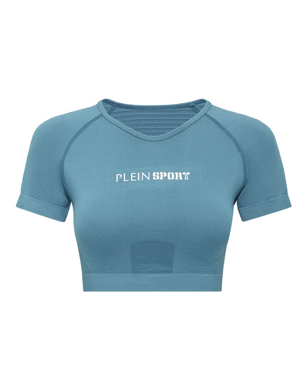 plein sport Seamless Cropped T-shirt V-Neck SS Logo petrol