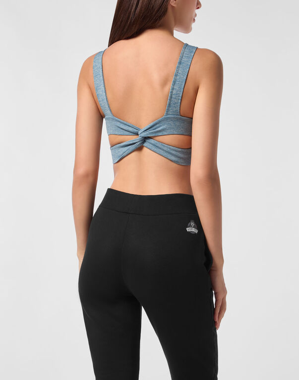 Plein Sport Seamless Crossed Straps Sport Bra Logo Petrol