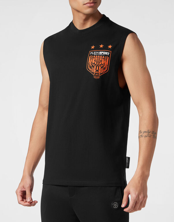 Plein Sport Sleeveless T-Shirt Round Neck Tiger Crest Edition Black / Orange