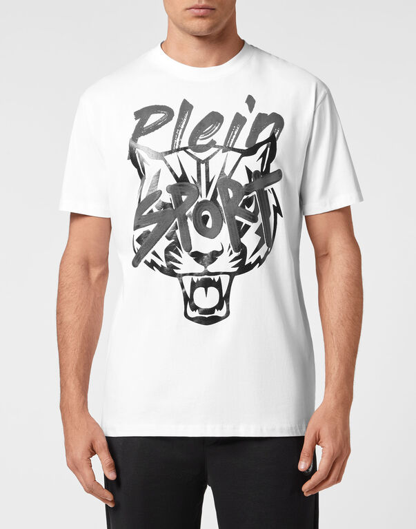 Plein Sport T-shirt Round Neck Stencil Tiger Street Fighter White / Black