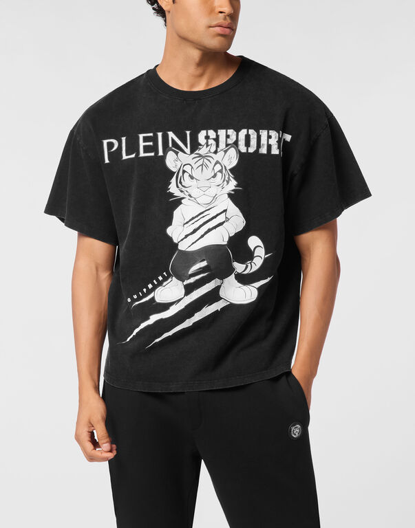 Plein Sport Washed Fleece T-Shirt Scratch Tiger Black