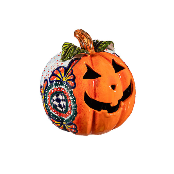 plow & Hearth 10" Talavera Checkered Flower Ceramic Pumpkin Small