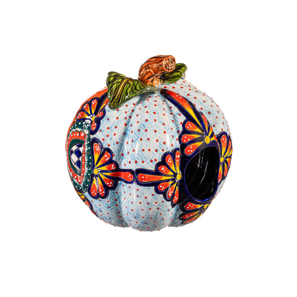 plow & Hearth 10" Talavera Checkered Flower Ceramic Pumpkin Small