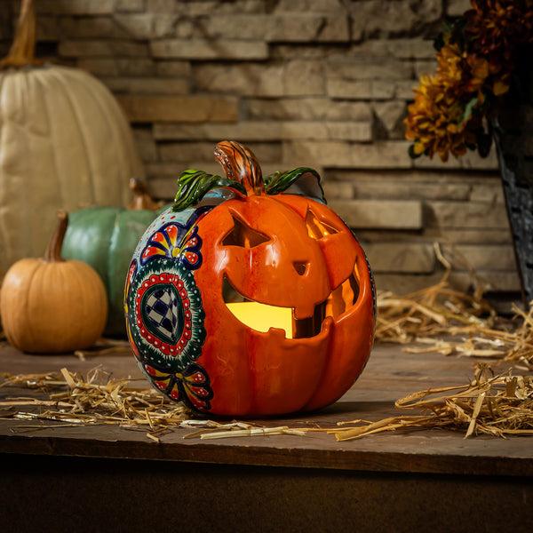 plow & hearth 10" Talavera Checkered Flower Ceramic Pumpkin Small