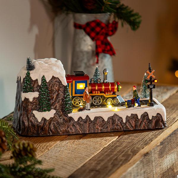 plow & hearth 12.6"L LED Christmas Scene with Moving Train and Music Table Décor