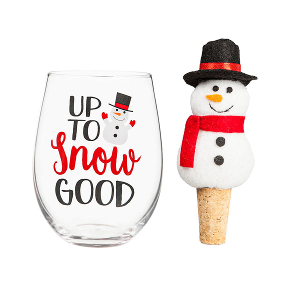 Plow & Hearth 17 OZ Glass With Snowman Cork Wine Stopper Gift Set