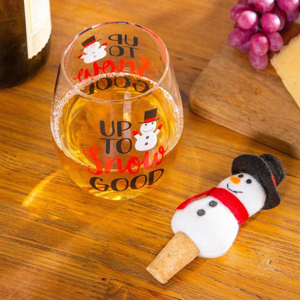 plow & hearth 17 OZ Glass with Snowman Cork Wine Stopper Gift Set