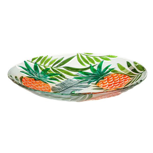 Plow & Hearth 18" Hand Painted Embossed Glass Bird Bath Tropical Pineapple