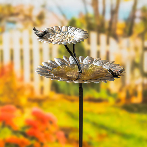 Plow & Hearth 2-in-1 Sunflower Metal Birdbath And Feeder With Mounting Attachment And Stake 48"H