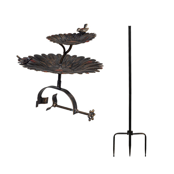 Plow & Hearth 2-in-1 Sunflower Metal Birdbath And Feeder With Mounting Attachment And Stake 48"H