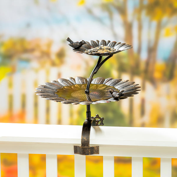 plow & hearth 2-in-1 Sunflower Metal Birdbath and Feeder with Mounting Attachment and Stake 48"H