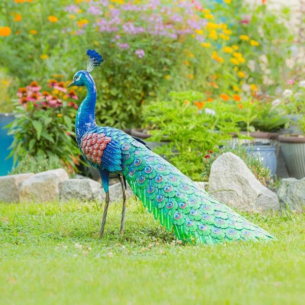 plow & hearth 36" Colorful Metal Peacock Garden Statue