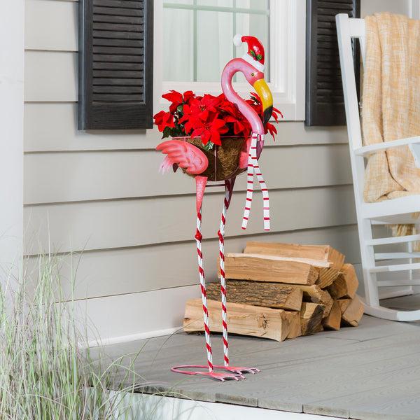 plow & hearth 39"H Metal Winter Flamingo Planter w/Santa Hat