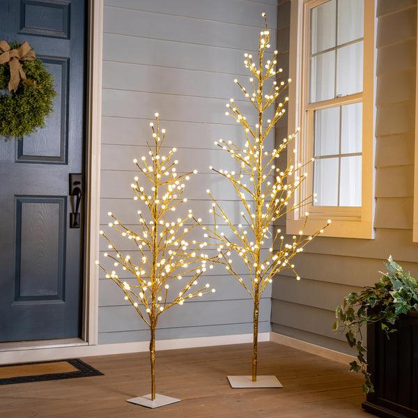 plow & hearth 6'H Indoor/Outdoor Gold Metallic Tree with 240 Warm White Lights