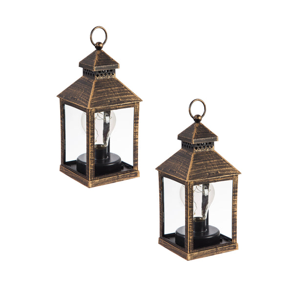Plow & Hearth 8.5"H Battery Operated Twinkling Light Bulb Lantern Black With Brushed Gold Set Of 2