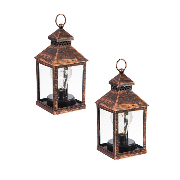 Plow & Hearth 8.5"H Battery Operated Twinkling Light Bulb Lantern Brushed Bronze; Set Of 2