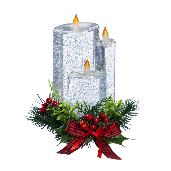 Plow & Hearth 8" LED Spinning Water Candle With Artificial And Bow