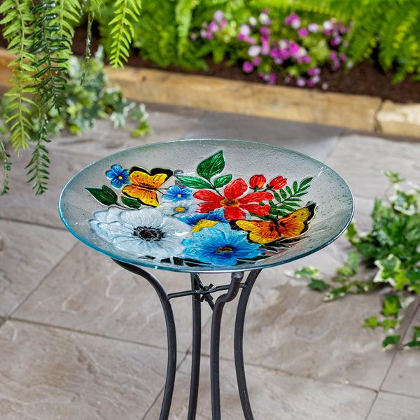plow & hearth American Classic Birdbath Flower Butterfly Hand Painted Glass Birdbath 18"