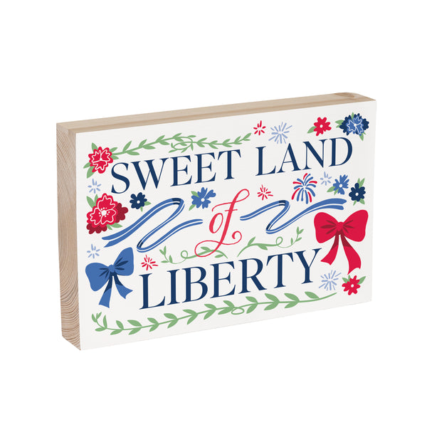Plow & Hearth American Classic Red White & Bows Sign Wood Block "Sweet Land Of Liberty" 12"L X 8"H