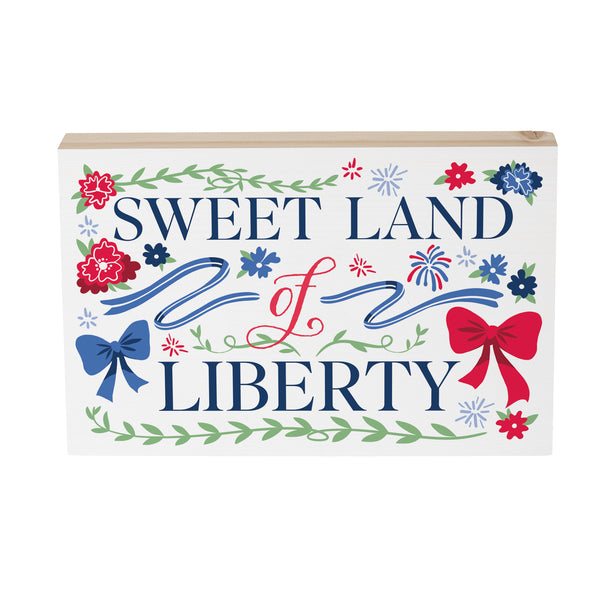 Plow & Hearth American Classic Red White & Bows Sign Wood Block "Sweet Land Of Liberty" 12"L X 8"H
