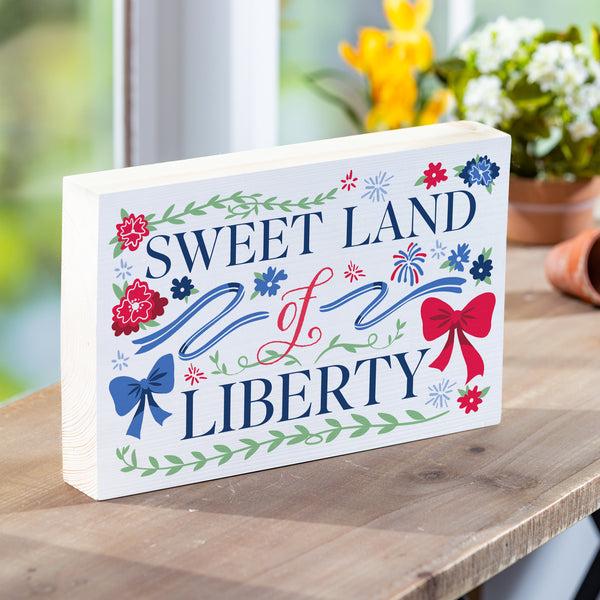 plow & hearth American Classic Red White & Bows Sign Wood Block "Sweet Land Of Liberty" 12"L x 8"H