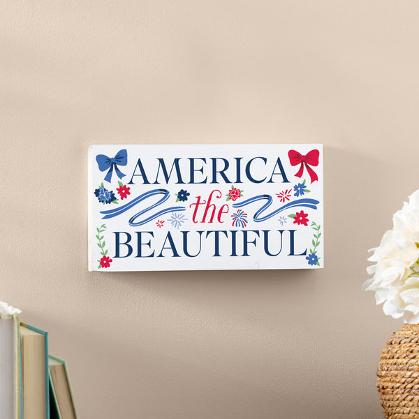 Plow & Hearth American Classic Red White & Bows Wood Hanging Sign W/ Rope "America The Beautiful" 11"x6"