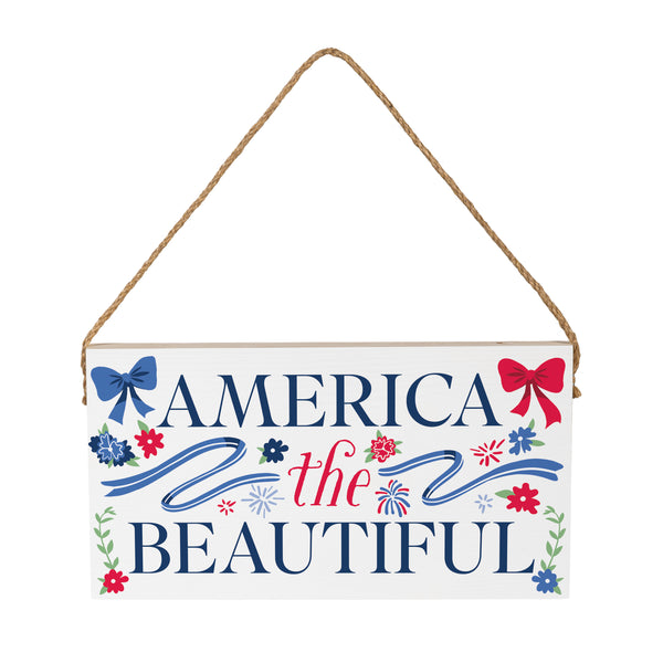 Plow & Hearth American Classic Red White & Bows Wood Hanging Sign W/ Rope "America The Beautiful" 11"x6"