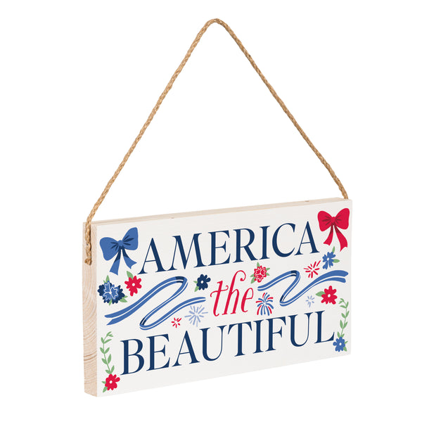 Plow & Hearth American Classic Red White & Bows Wood Hanging Sign W/ Rope "America The Beautiful" 11"x6"