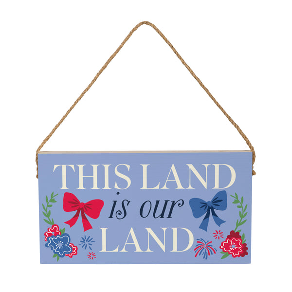Plow & Hearth American Classic Red White & Bows Wood Hanging Sign W/ Rope "This Land Is Our Land" 11"x6"