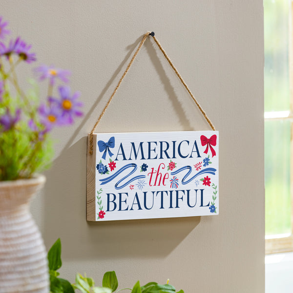 plow & hearth American Classic Red White & Bows Wood Hanging Sign w/ Rope "America The Beautiful" 11"x6"