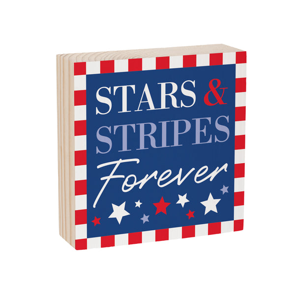 Plow & Hearth American Classic Stars & Stripes Sign Wood Block "Forever" 6"x6"