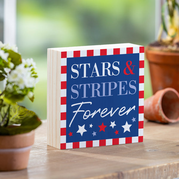 plow & hearth American Classic Stars & Stripes Sign Wood Block "Forever" 6"x6"