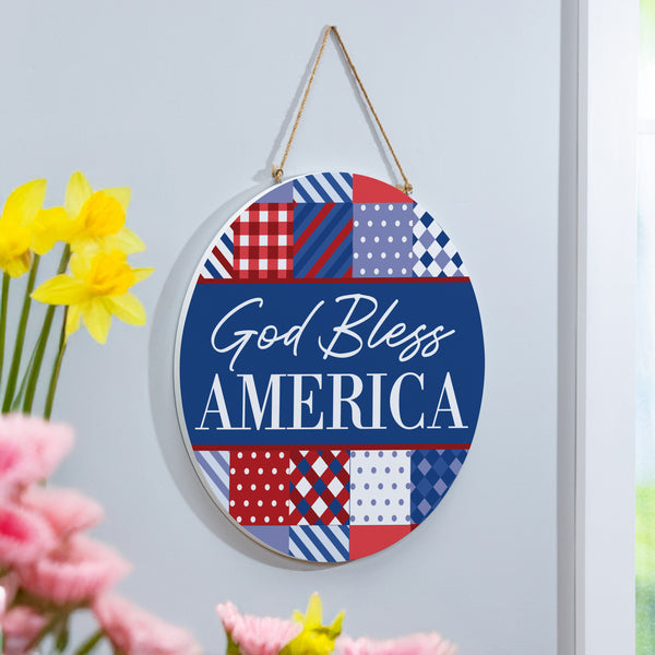Plow & Hearth American Classic Stars & Stripes Wood Door Décor "God Bless America" 18"