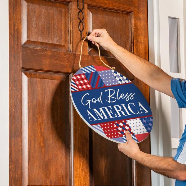 Plow & Hearth American Classic Stars & Stripes Wood Door Décor "God Bless America" 18"