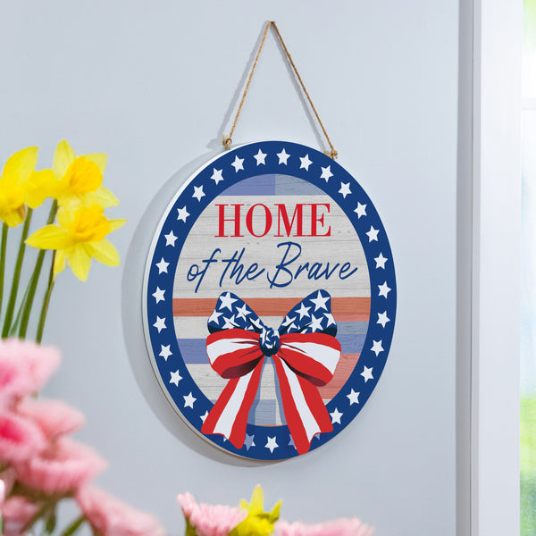 Plow & Hearth American Classic Stars & Stripes Wood Door Décor "Home Of The Brave" 18"