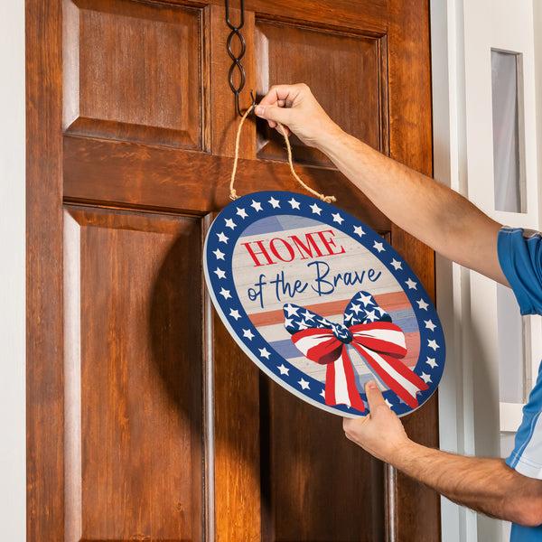 Plow & Hearth American Classic Stars & Stripes Wood Door Décor "Home Of The Brave" 18"