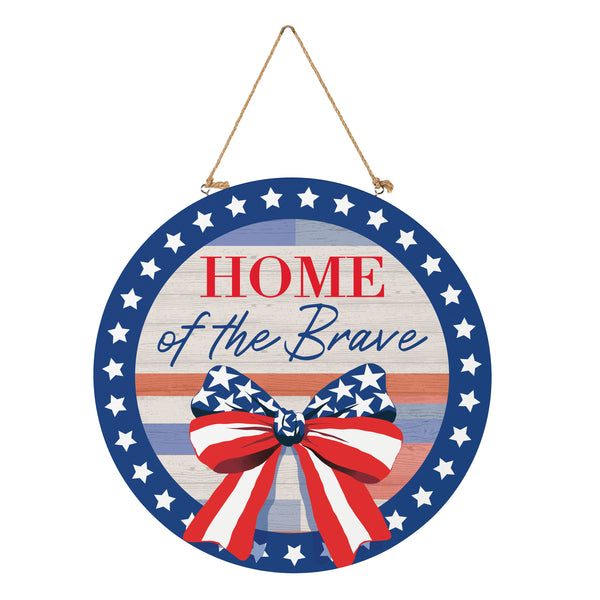 Plow & Hearth American Classic Stars & Stripes Wood Door Décor "Home Of The Brave" 18"