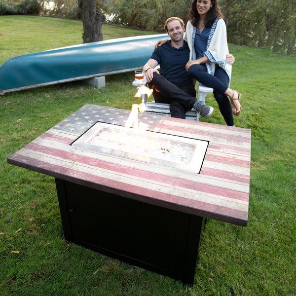 plow & hearth Americana Propane Gas Fire Pit with Faux Wood Tabletop and Glass Rocks